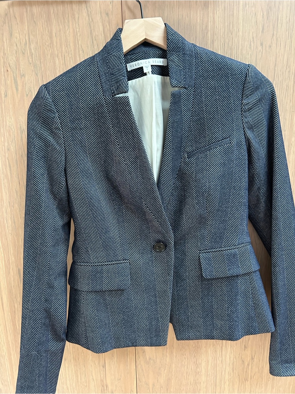 Veronica Beard Blue and White Herringbone Single-Button Blazer
